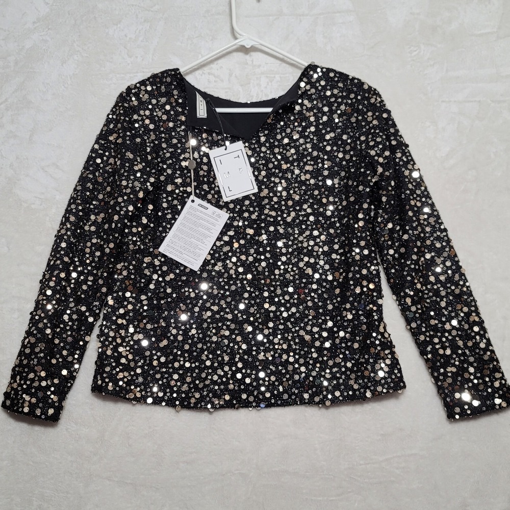 ITMFL Womens Blouse Size Large Dora Top Sequined IN THE MOOD FOR LOVE Black